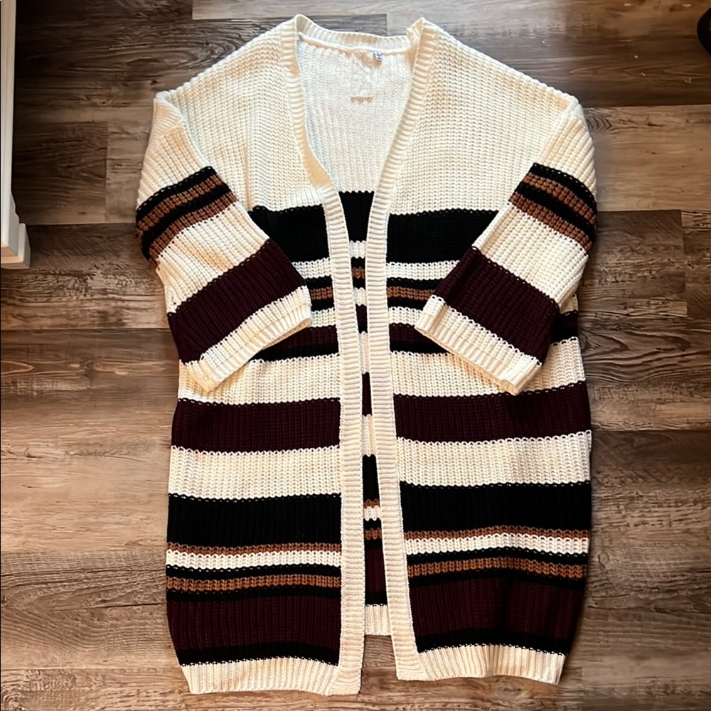 Striped Knit Cardigan Sweater - Cream, Black, Maroon, and Brown